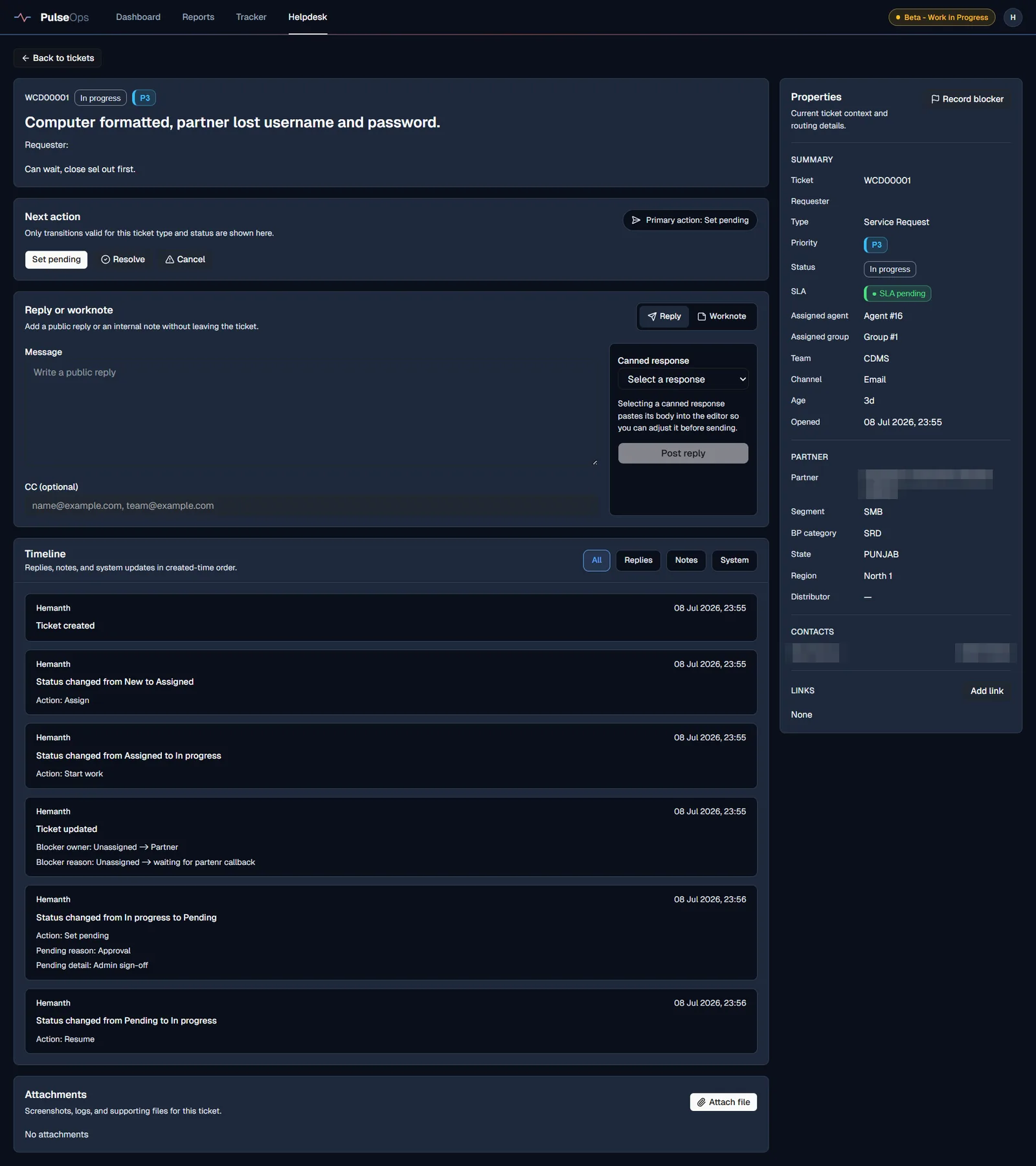 PulseOps ticket detail page with next-action buttons, reply and worknote editor, full timeline of status changes, and a properties panel showing SLA state and routing